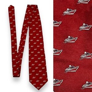 Vintage Lauren Ralph Lauren 100% Silk Tie Red Boat Print Nautical Made in USA
